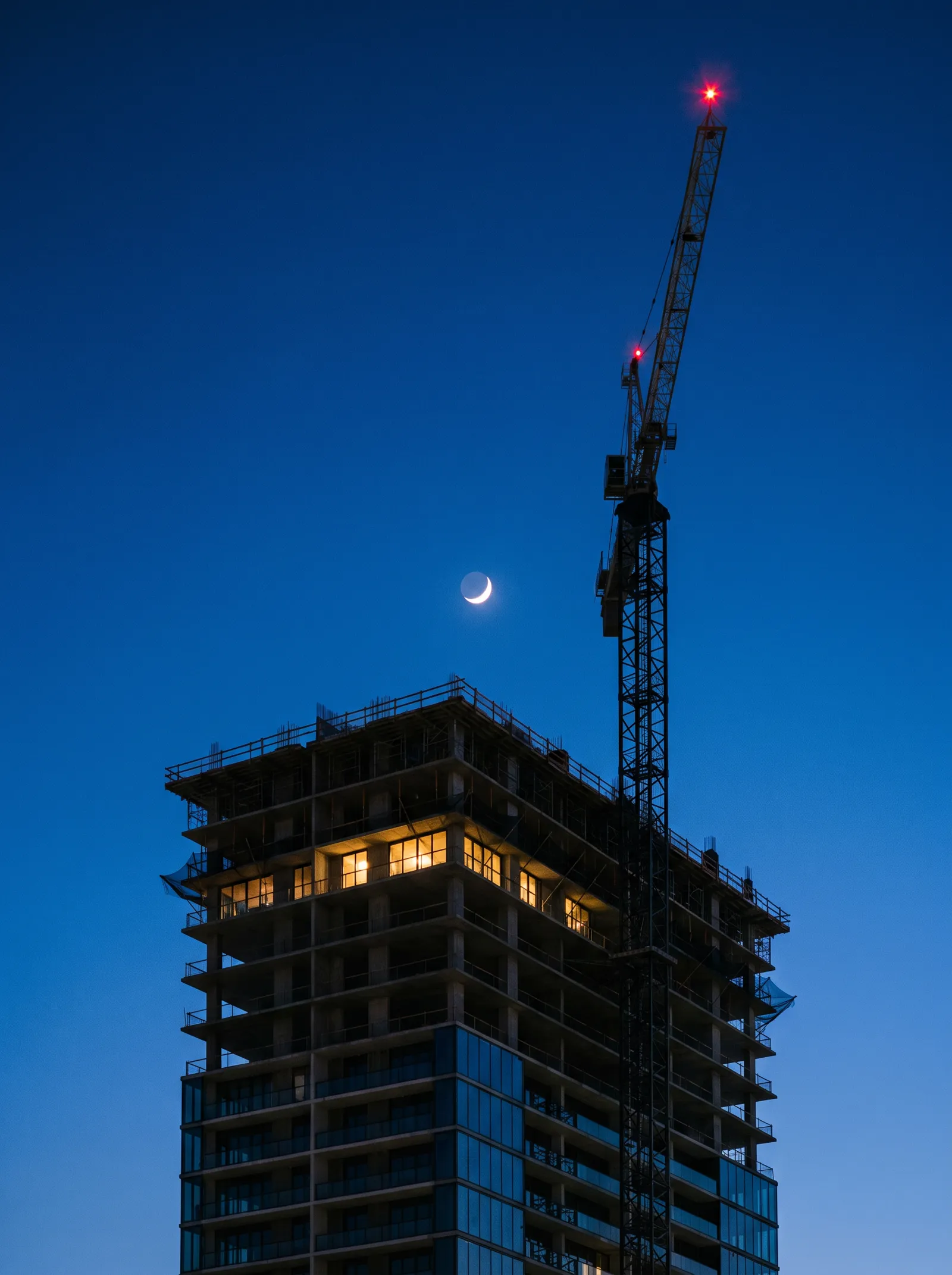 Tower crane above a condominium tower under construction at dusk