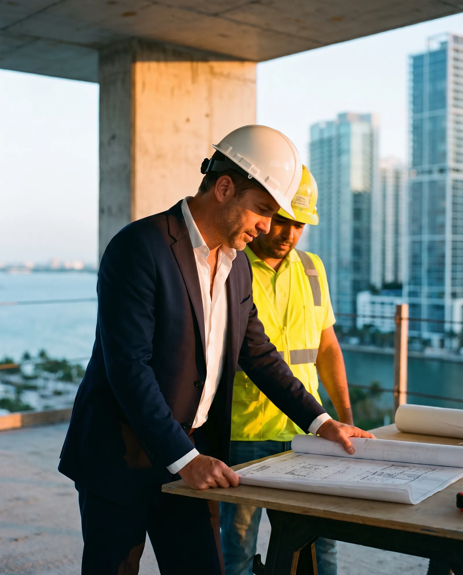 A manager in a navy suit reviewing drawings with the site superintendent on the top deck of a tower